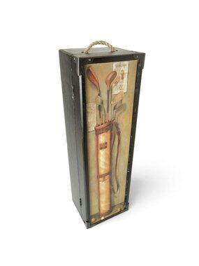 Golf Theme Wooden Wine Box Carry Case Rope Handle Rustic Bar Decor 13.5"